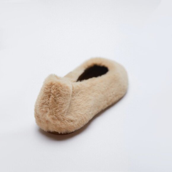 NWT Zara light brown taupe tan faux fur low heeled ballet flats, 8 - Picture 5 of 14